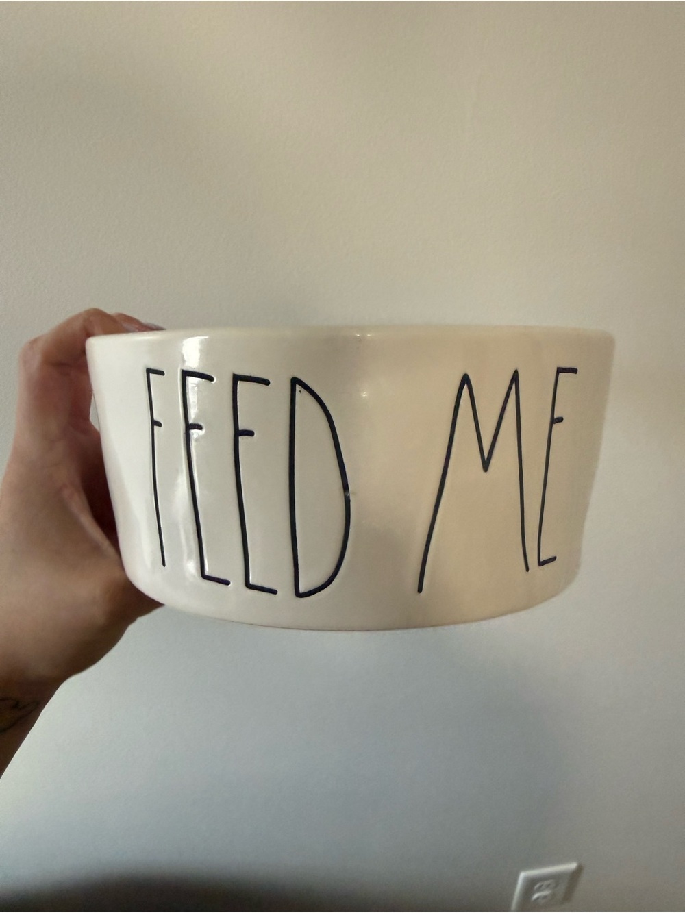 Rae Dunn White Ceramic Pet Bowl with 'FEED ME' Black Lettering